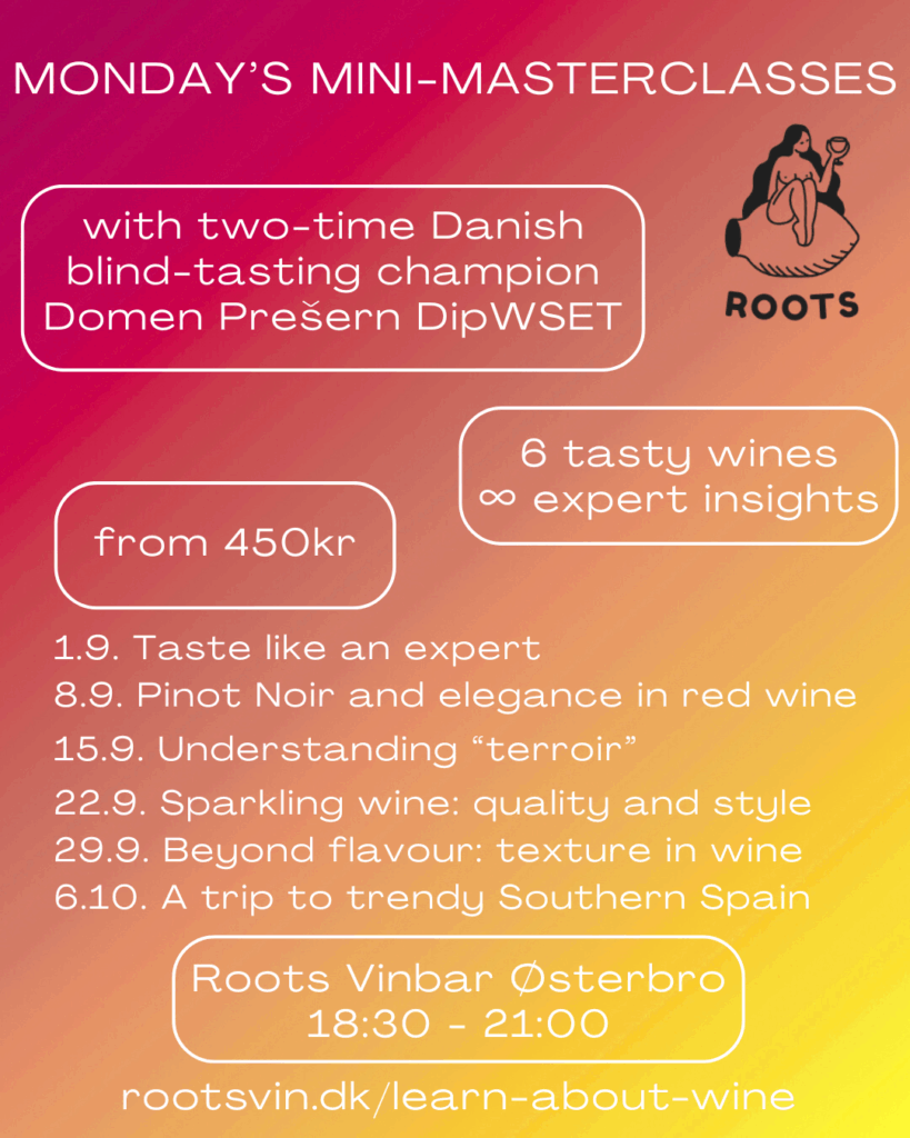 Learn about wine through our Monday wine classes. Bite-sized wine education. Vinuddanelse.